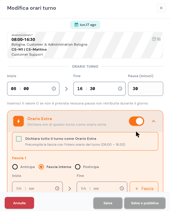 Dialog Modifica orari turno: Inizio, Fine e Pausa del turno e sotto il blocco arancione Orario Extra attivo, con la scelta della fascia (Anticipa, Fascia interna, Posticipa)