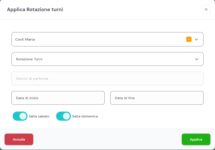 Dialog Applica Rotazione turni: il collaboratore, la rotazione da applicare, il giorno di partenza, le date di inizio e fine e gli interruttori Salta sabato e Salta domenica