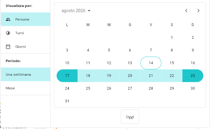 Il pannello che si apre cliccando la data: Visualizza per Persone, Turni o Giorni; Periodo Una settimana o Mese; e il calendario del mese con la settimana selezionata evidenziata