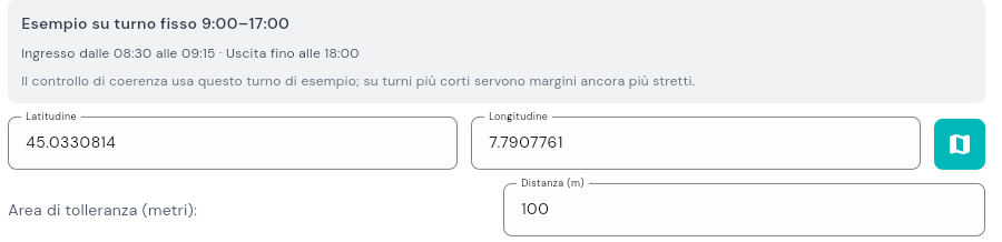 I campi della modalita' GEO nel dialog dello Spazio: Latitudine, Longitudine, il pulsante per scegliere il punto sulla mappa e l'Area di tolleranza (metri) con la Distanza impostata a 100; sopra, il riquadro Esempio che traduce le tolleranze in orari