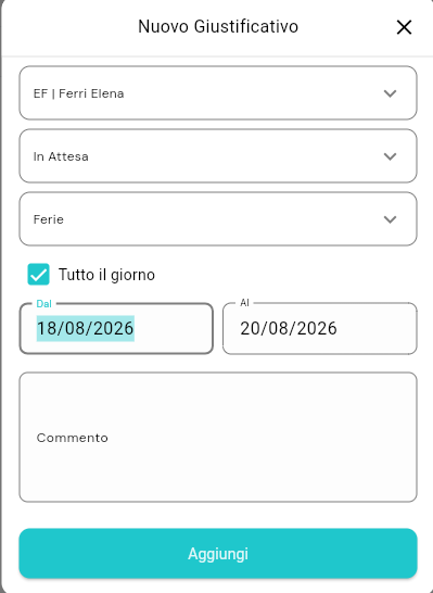 Dialog Nuovo Giustificativo compilato: Seleziona lavoratore, Stato, Motivo del giustificativo, Tutto il giorno, Dal/Al e Commento
