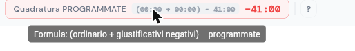 Formula della Quadratura PROGRAMMATE: (ordinario + giustificativi negativi) meno programmate