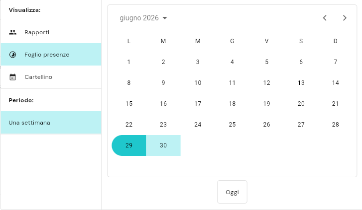 Pannello per scegliere la vista (Rapporti, Foglio presenze, Cartellino) e il periodo