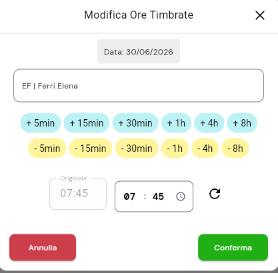 Finestra Modifica Ore Timbrate: stessa struttura, per rettificare il monte ore del giorno