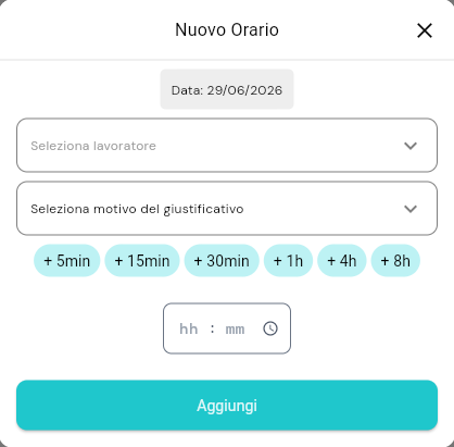 Finestra Nuovo Orario: lavoratore, motivo del giustificativo, durata