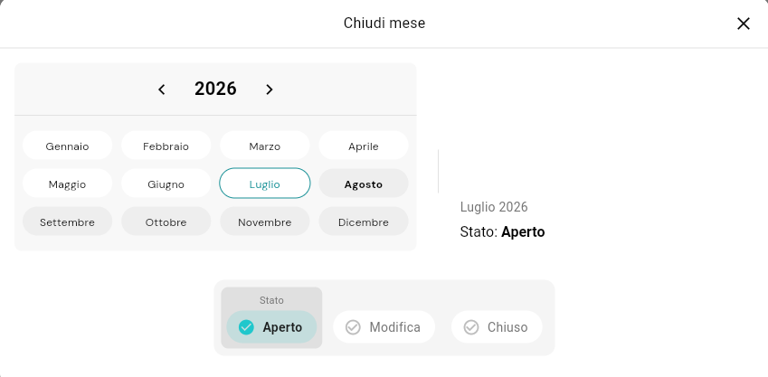 Finestra Chiudi mese: selettore mese e stato Aperto / Modifica / Chiuso