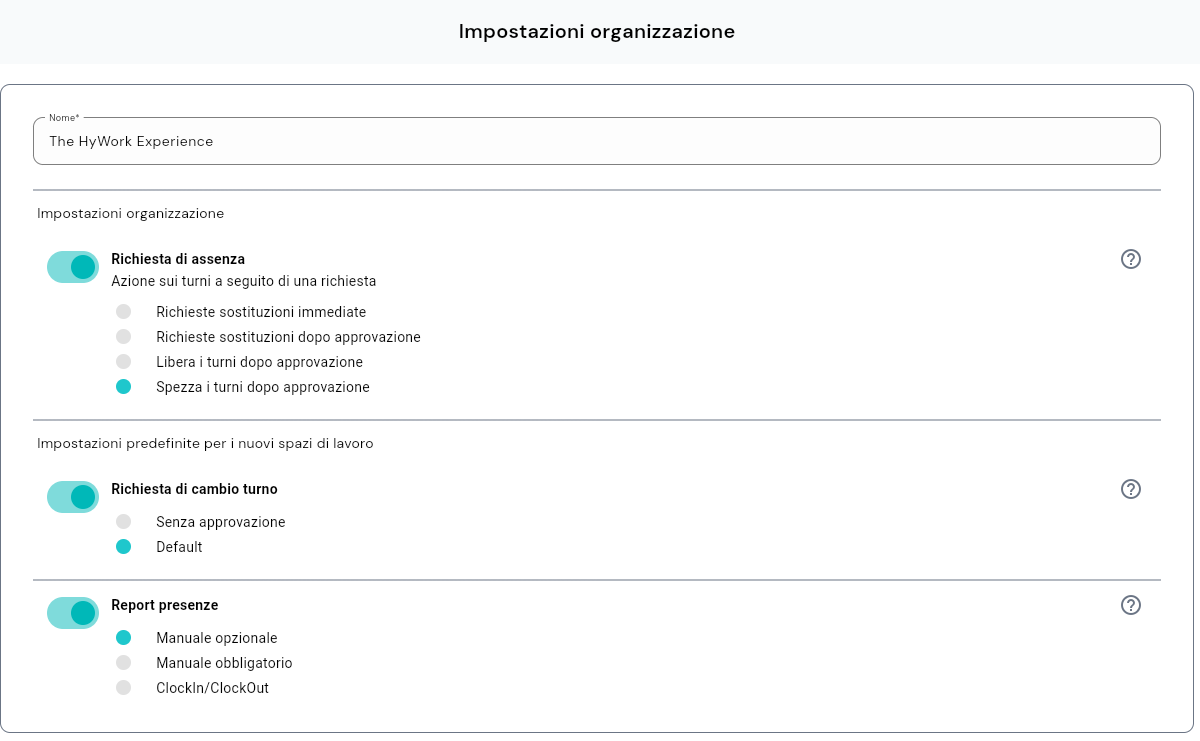 Parte superiore della pagina Impostazioni organizzazione: Nome, Richiesta di assenza, inizio del blocco predefinite