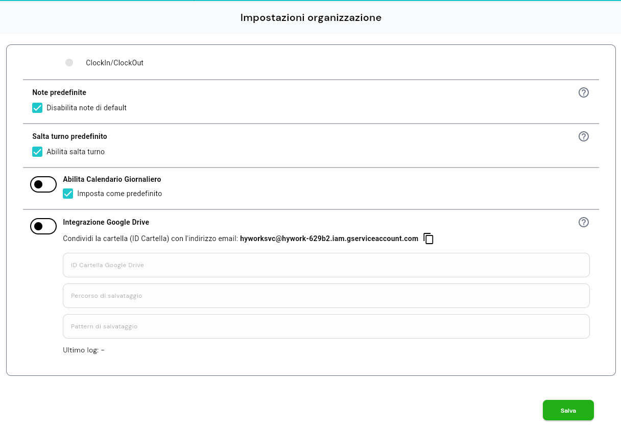 Parte inferiore della pagina Impostazioni organizzazione: Note, Salta turno, Calendario Giornaliero, Integrazione Google Drive