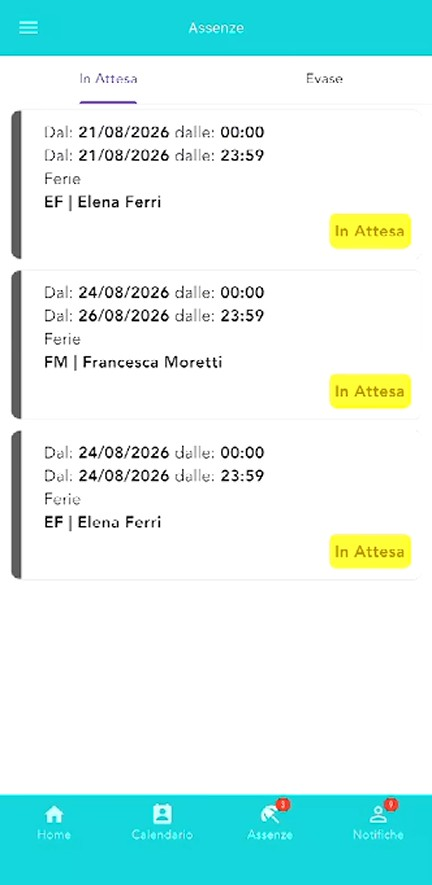 Tab Assenze del Gestore con le schede In Attesa / Evase