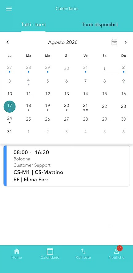 Calendario dell'app a vista mese: sotto-schede "Tutti i turni" / "Turni disponibili", i turni a cerchietto vuoto, le assenze in nero (giorni 21 e 24) e i turni passati in blu