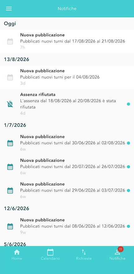 Il tab Notifiche: avvisi raggruppati per data, con il pallino azzurro sulle non lette