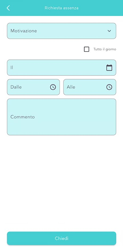 Il form Nuova assenza: Motivazione, Tutto il giorno, date/orari, Commento e il pulsante Chiedi