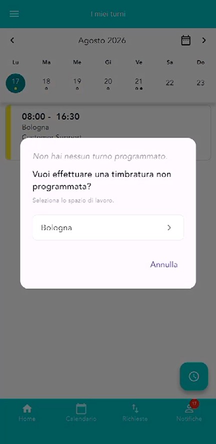 Il pulsante orologio in basso a destra sulla Home per la timbratura non programmata