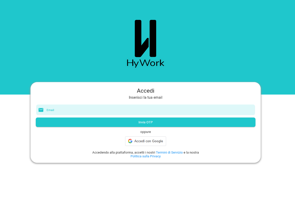 Pagina di login HyWork — campo email, pulsante Invia OTP e link Accedi con Google