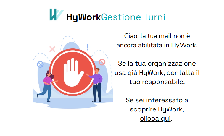 Pagina di errore HyWork con messaggio "Account non attivo" e logo del brand