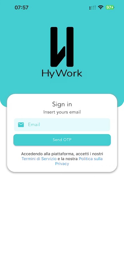 Schermata di accesso dell'app HyWork — campo email e pulsante Send OTP