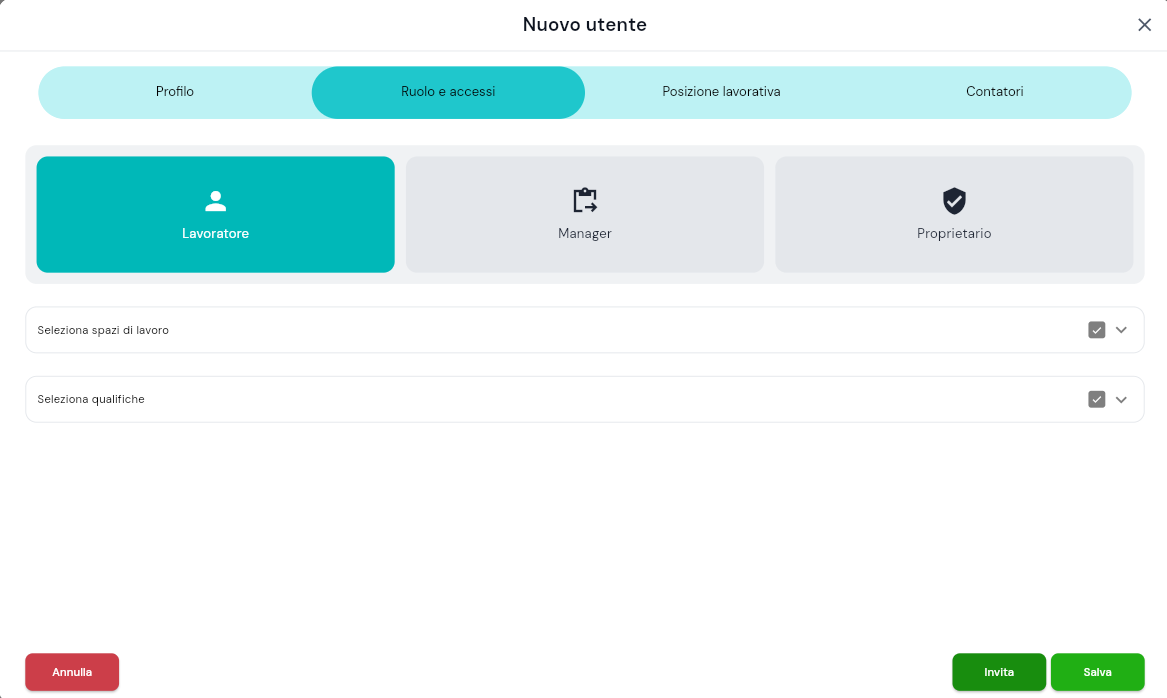 Tab Ruolo e accessi del dialog Modifica utente: le tre card di selezione ruolo Lavoratore, Manager, Proprietario, una selezionata in turchese