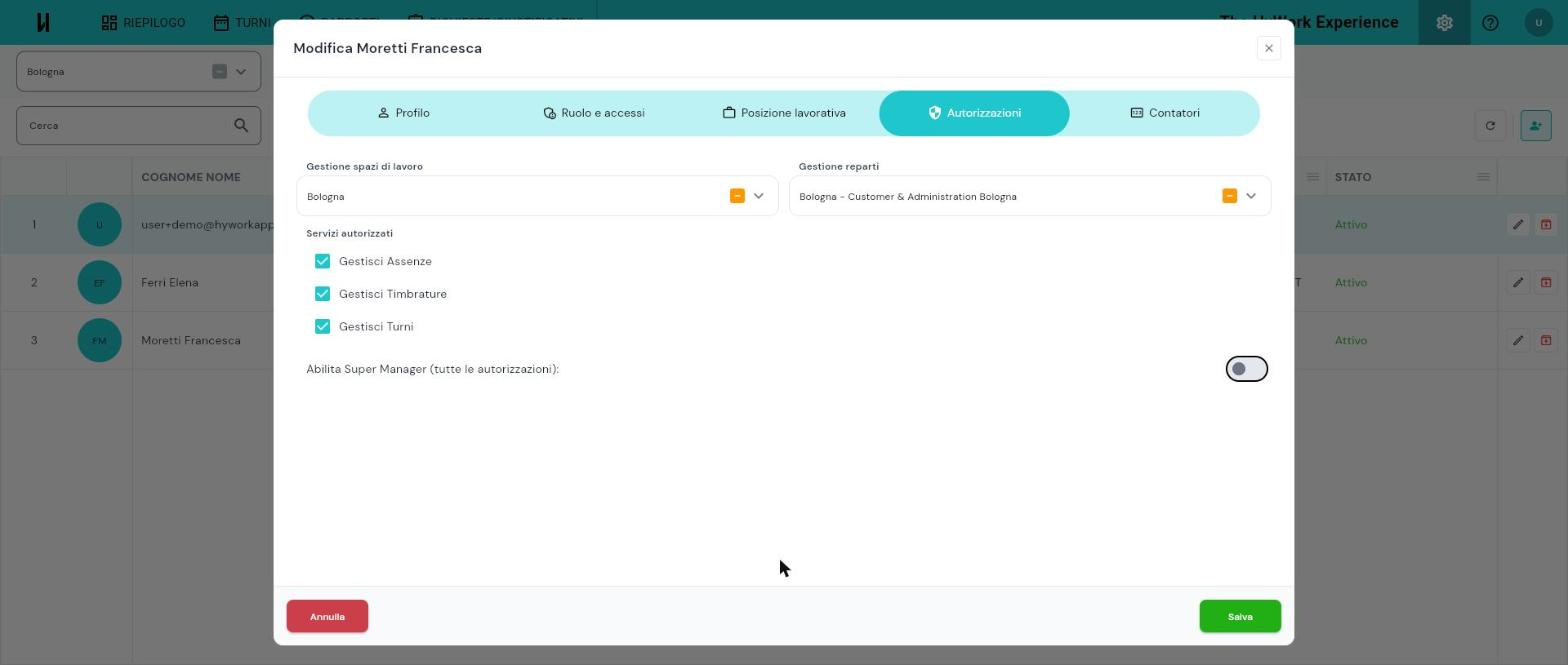 Tab Autorizzazioni del dialog Modifica utente: in fondo, l'interruttore "Abilita Super Manager (tutte le autorizzazioni)"