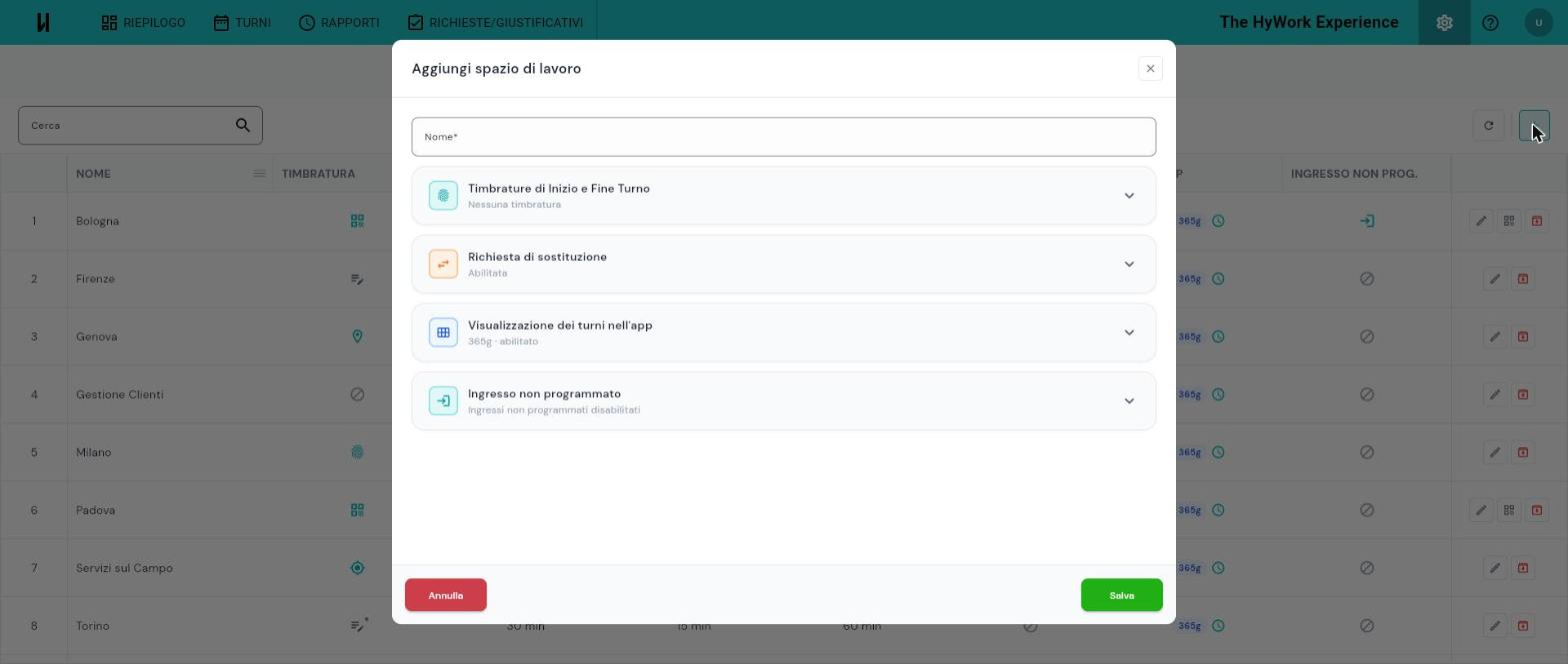 Dialog Aggiungi spazio di lavoro nella vista iniziale, con il solo campo Nome e il link Mostra opzioni avanzate