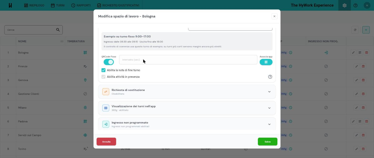 Dialog Spazio di lavoro con modalità QRCode selezionata e interruttore QRCode Fisso ON
