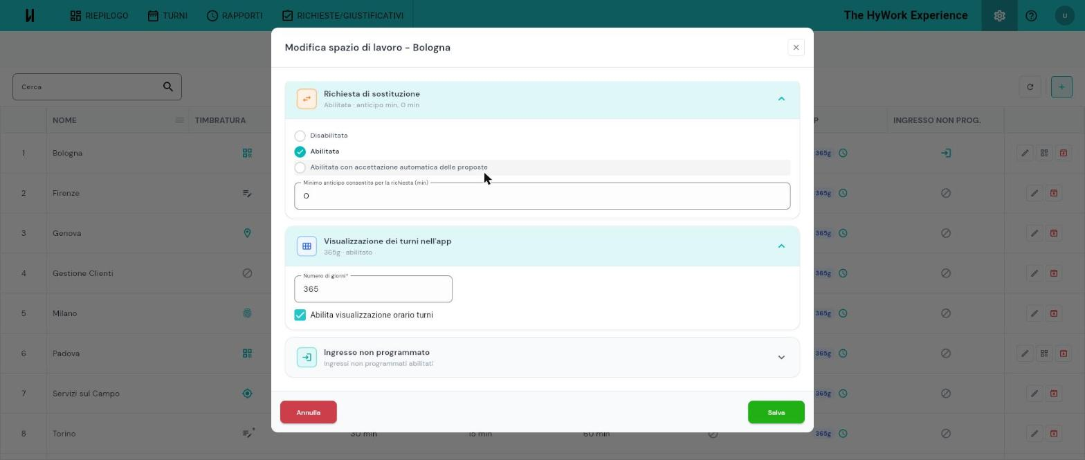 Sezione finale del dialog con le tre opzioni Visibilità turni passati, Ingressi non programmati e Visualizzazione orario turni