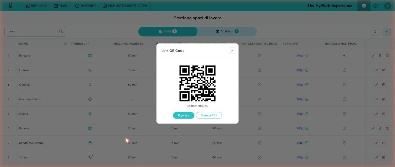 Dialog Link QR Code: il QR dello Spazio, il codice alfanumerico sotto e i pulsanti Rigenera e Stampa PDF