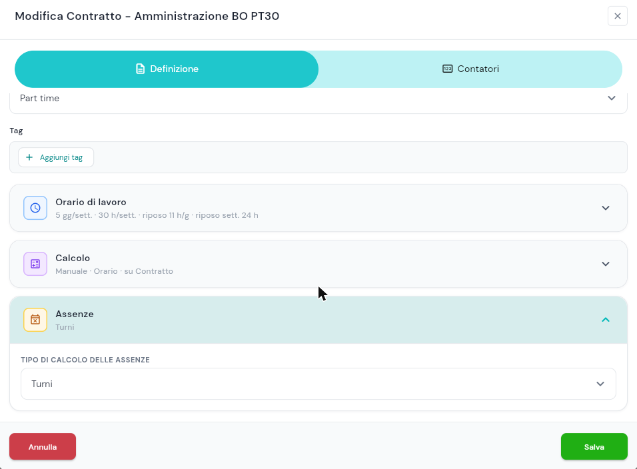 Fisarmonica Assenze espansa con il dropdown Tipo di calcolo delle assenze valorizzato su Turni
