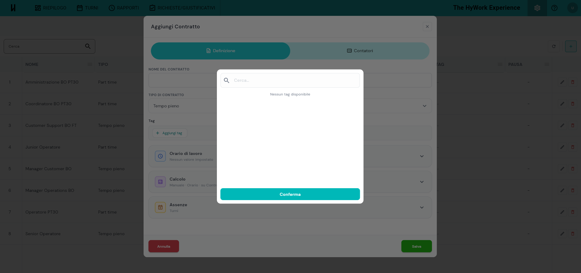 Dialog Aggiungi Contratto con il selettore Aggiungi tag aperto: casella di ricerca in alto, messaggio "Nessun tag disponibile" quando HyWork non ha ancora creato tag, e pulsante Conferma