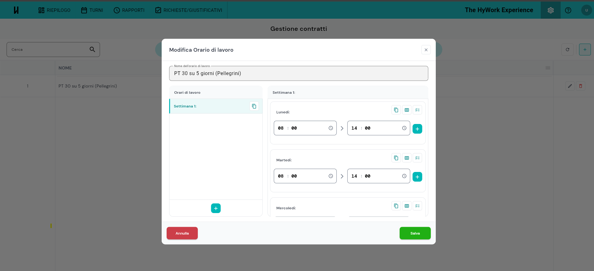 Dialog Modifica orario di lavoro su PT 30 su 5 giorni (Pellegrini): pannello Settimana 1 sulla sinistra, a destra fascia oraria per ogni giorno della settimana (Lun-Mar-Ven 08:00-14:00, Mer-Gio 14:00-20:00, Sab e Dom vuoti)