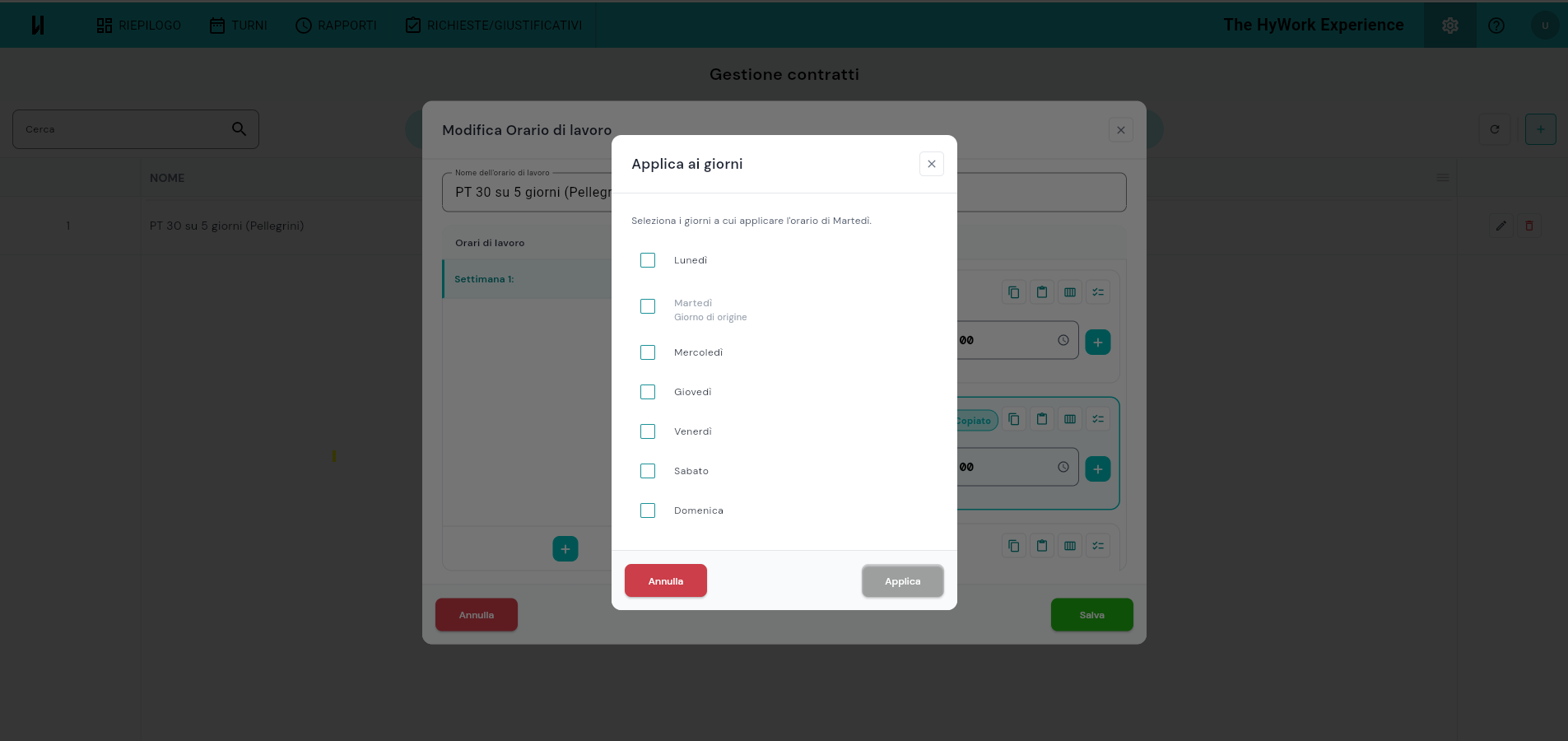 Dialog Orario di lavoro con la barra icone del giorno (copia, incolla, applica a tutta la settimana, applica ai giorni) e il modal Applica ai giorni aperto con le checkbox Lun-Dom