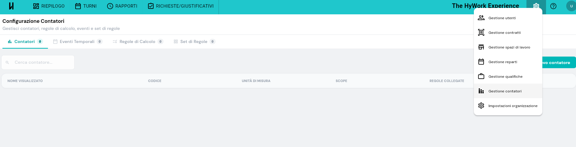 Voce di menu Configurazione Contatori nell'ingranaggio Impostazioni del backoffice