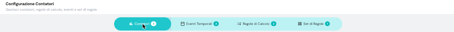 Pagina Configurazione Contatori del backoffice con i 4 tab Contatori, Eventi Temporali, Regole di Calcolo, Set di Regole e i relativi badge