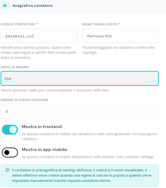 Pagina Nuovo Contatore con i campi compilati e il riquadro Anteprima in basso