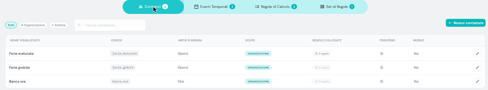 Tab Contatori popolata con i contatori dell'organizzazione e le relative colonne