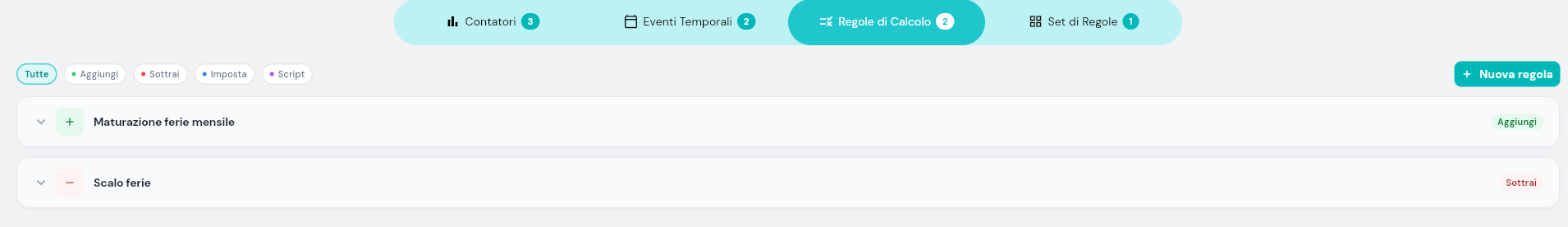 Tab Regole di Calcolo con due regole configurate, badge operazione colorati e chip filtro in alto
