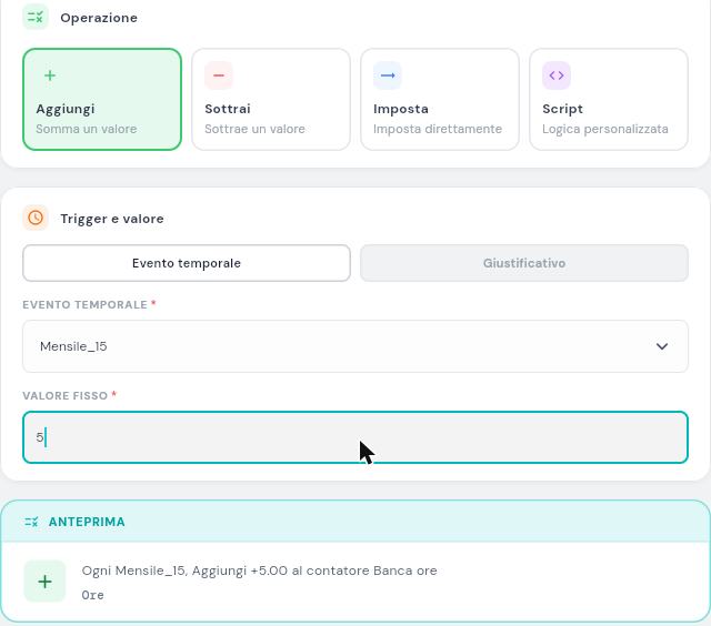 Pagina Nuova Regola con operazione Add selezionata e trigger Evento temporale configurato