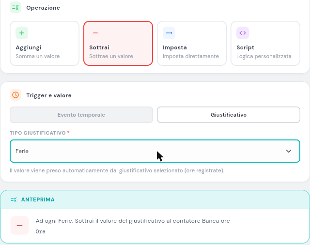 Pagina Nuova Regola con operazione Subtract selezionata e trigger Giustificativo configurato