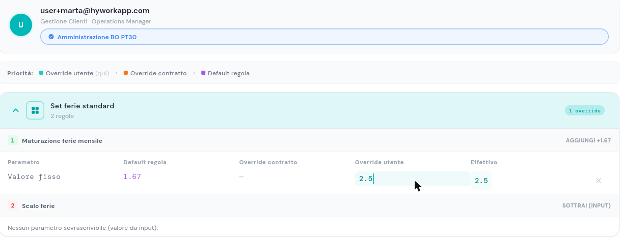Tab Contatori del dialog Modifica utente con un override utente compilato (badge "1 override", campo Override utente valorizzato a 2.5 sulla regola Maturazione ferie mensile)