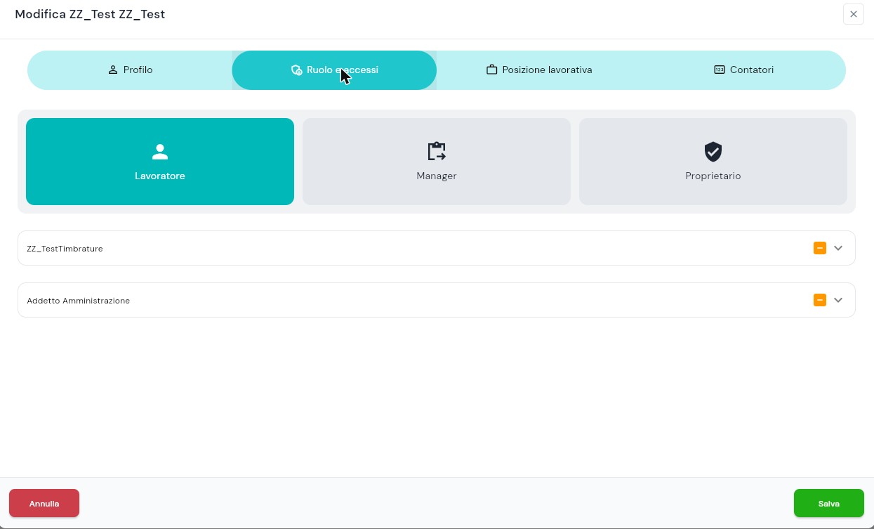 Scheda Ruolo e accessi: le tre card Lavoratore, Manager e Proprietario con Lavoratore selezionata, e sotto i selettori degli spazi di lavoro e delle qualifiche