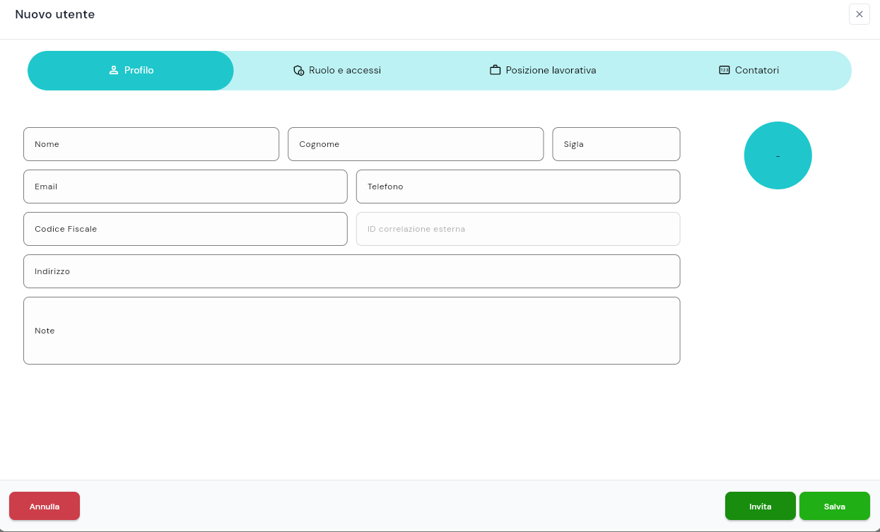 Dialog Nuovo utente, scheda Profilo: Nome, Cognome, Sigla, Email, Telefono, Codice Fiscale, ID correlazione esterna, Indirizzo e Note; in fondo i pulsanti Invita e Salva